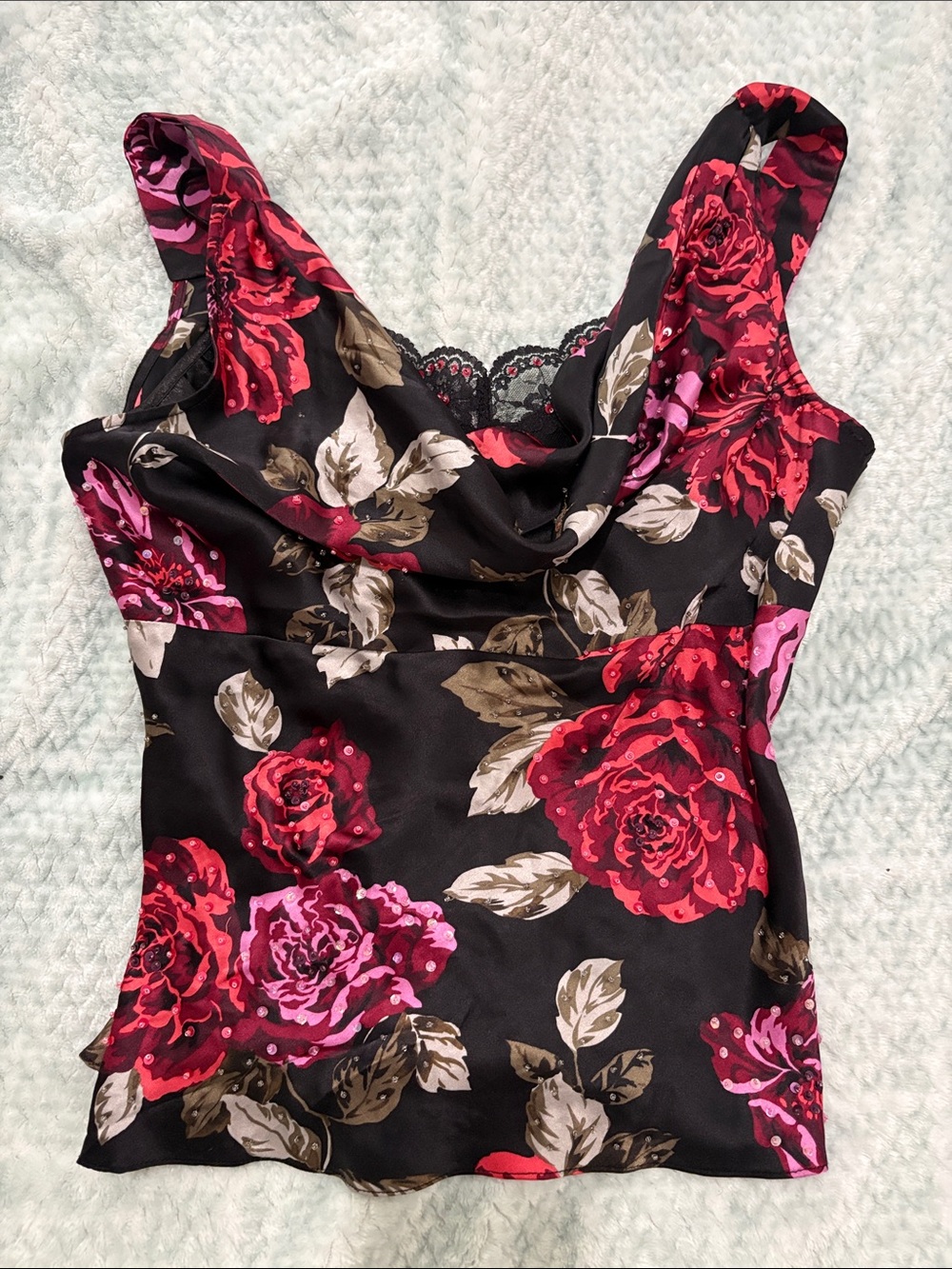 I.C.E Floral Cowl Neck Women's Tank Top Rhinestones 100% Silk